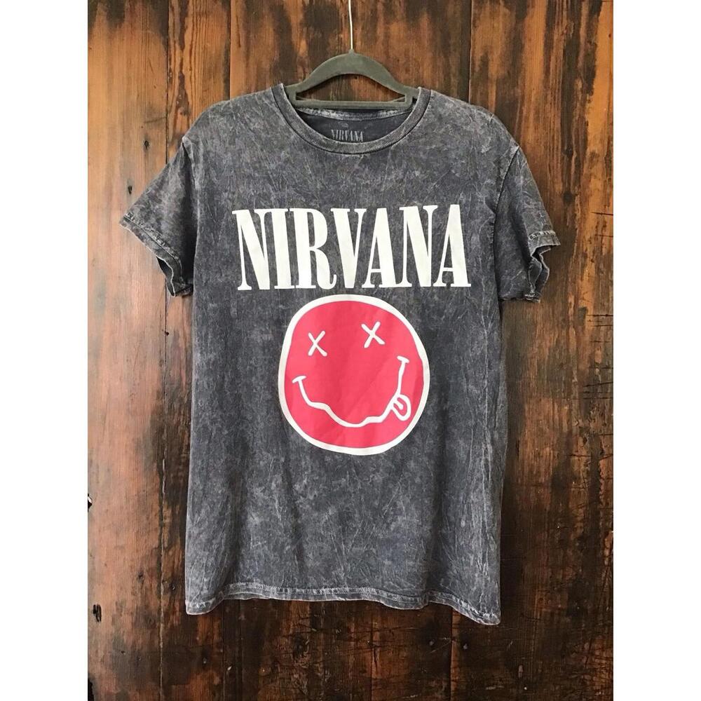 Nirvana Band Tee Mens Small Grey Live '93 Tour T-Shirt Smiley Face Graphic